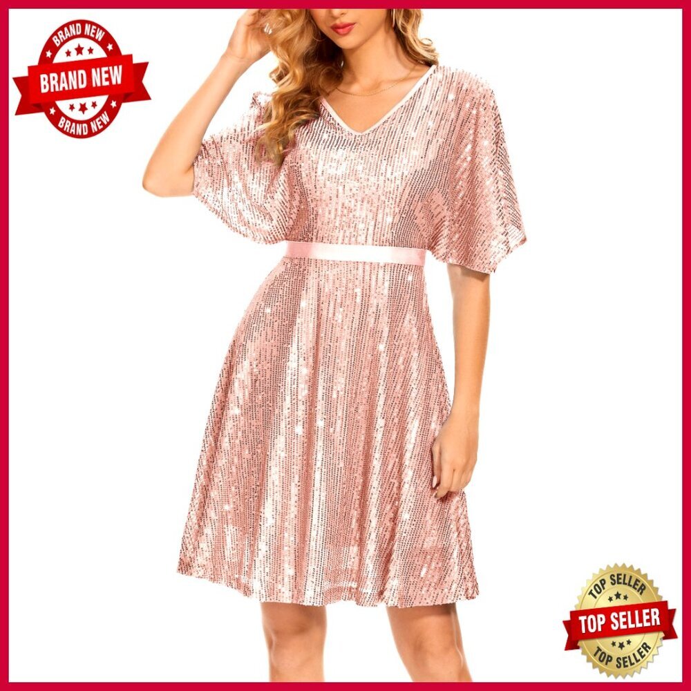 Sparkly Sequin Cocktail Dress Bat Sleeves Elegant Glitter Party Wear V Neck